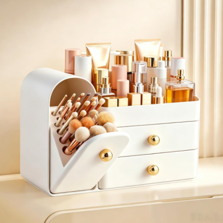 White Countertop Cosmetic Organizer With Brush Holder And Drawers