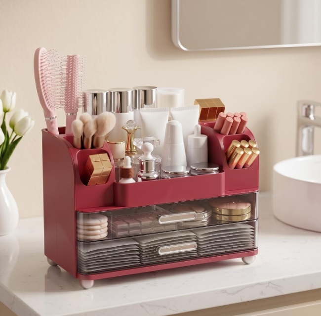 Large-Capacity Cosmetic Organizer With Drawers And Brush Slots