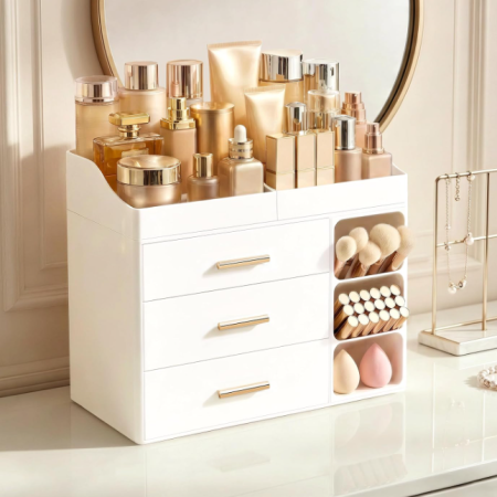 White Cosmetic Organizer With Brush Holder And Drawers