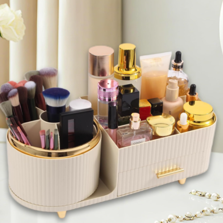 Rotating Countertop Cosmetic Organizer With Drawers And Brush Holder