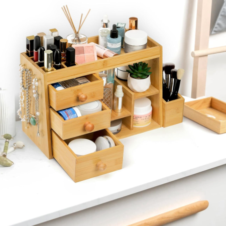 3-Tier Bamboo Cosmetic Organizer With Drawers For Lipsticks