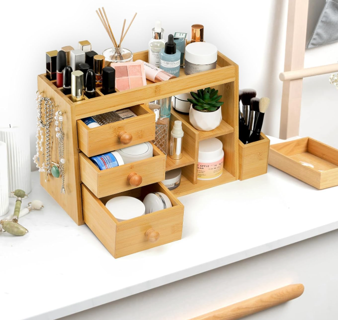 3-Tier Bamboo Cosmetic Organizer With Drawers For Lipsticks