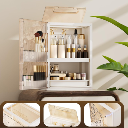 Dust-Proof Cosmetic Organizer With Drawers And Brush Holder