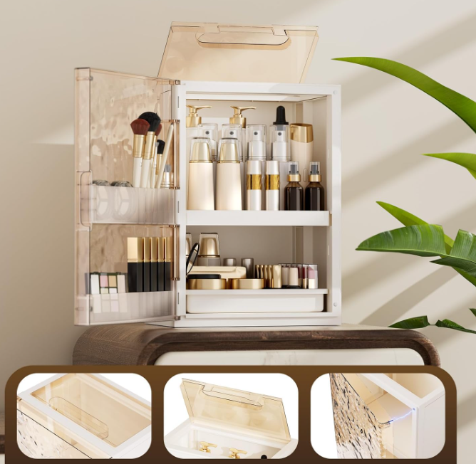 Dust-Proof Cosmetic Organizer With Drawers And Brush Holder