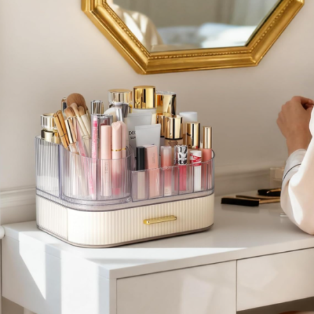 Rotating Stackable Cosmetic Organizer With Drawers For Brushes And Perfume