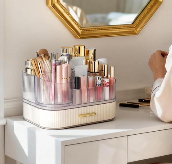 Rotating Stackable Cosmetic Organizer With Drawers For Brushes And Perfume