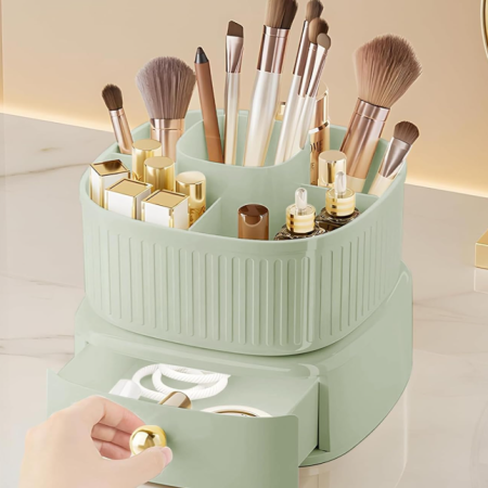 5-Compartment Rotating Cosmetic Organizer With Drawers And Brush Holder