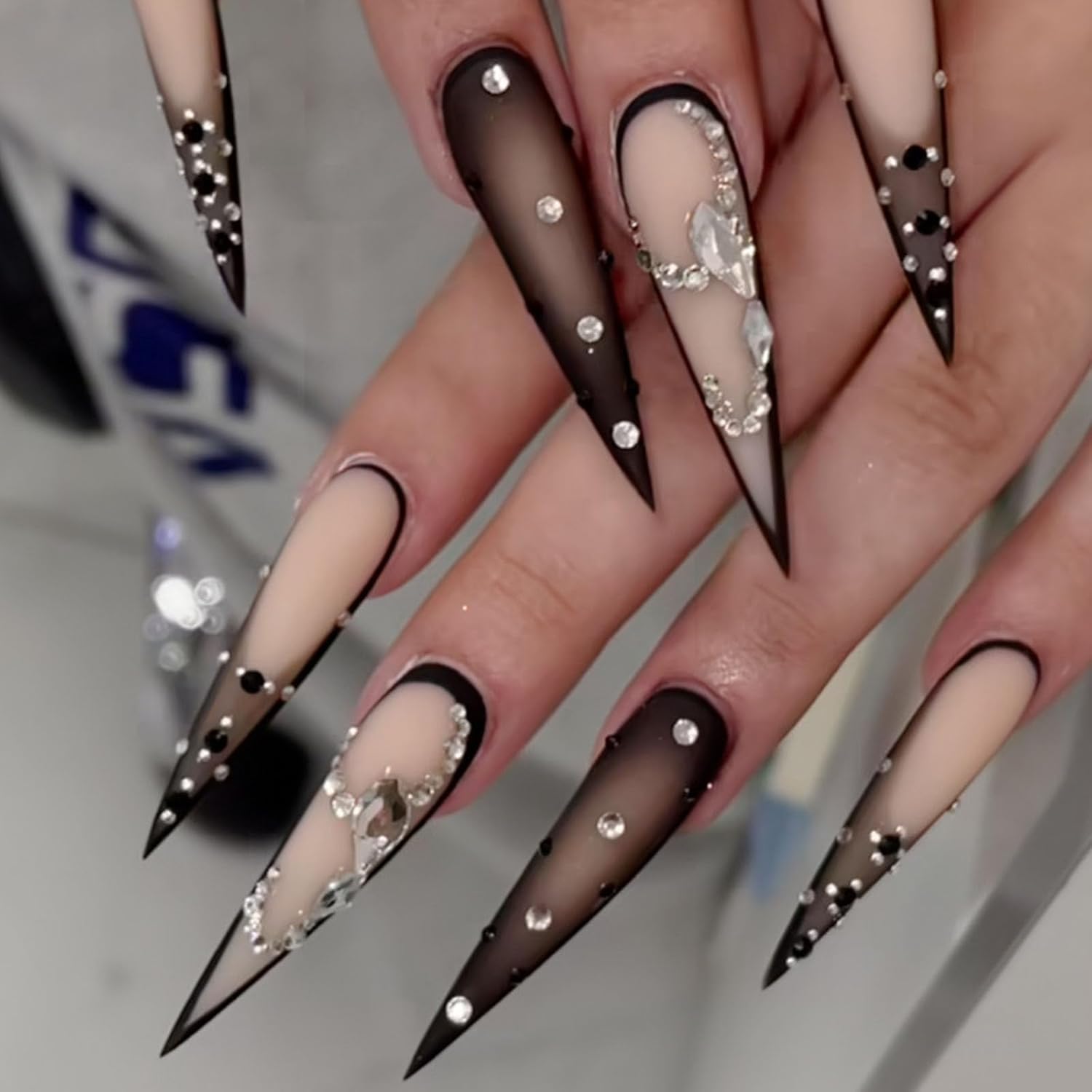 61Cbg5dnaYL._SL1500_.jpg Black Ombre Press on Nails Long Stiletto Fake Nails Matte Rhinestone Extra Long False Nails Full Cover Glossy Glue on Acrylic Nails for Women 24Pcs - Image 1