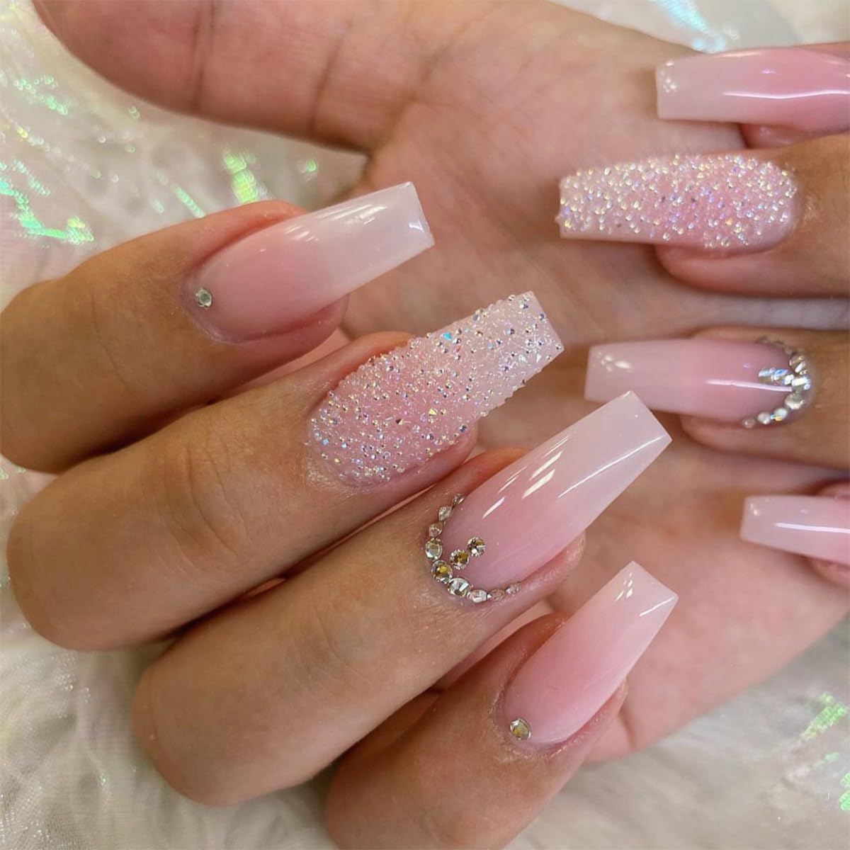 61Ns-S1CDPL._SL1200_.jpg Glitter Rhinestones Press on Nails Ombre Fake Nails Long Coffin False Nails Press ons with Bling Crystal Design,Reusable Artificial Nails Glossy Full Cover Stick on Nails for Women Manicure 24 Pcs - Image 1