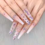 24pcs French Nude White Ballerina Water Droplets Drill Flash Diamond Long Glossy Coffin Fake Nails Press on Nail False Tips Manicure for Women