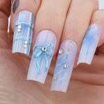 Blue Chrome Bow Long Square Press On Nails 3d Gel Naturals Fake Nails Sea Water Handmade Design Milky White Acrylic Nails 24pcs Glossy Full Cover False Nails