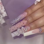 Press on Nails - Long Square Glue on Nails with French Tip, Acrylic Snake Rhinestone Design 24 pcs