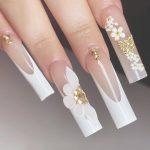 Press on Nails Long Coffin Shaped Glossy Full Cover Acrylic Long Length French False Nails with Designs Artificial Long Square Fake Nails with Charms Glue ons Fingernails for Women()