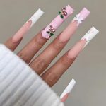 Press on Nails Extra Long Square Fake Nails Pink Cherry Charms False Nails with Designs French Tips Matte Full Cover Bow Flower Cute Stick on Nails for Women 24Pcs
