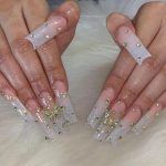 Gradient Press on Nails Long Square Fake Nail with Gold Butterfly Rhinestones Charms Designs Glue on Nails Glitter False Nails Pink Acrylic Stick on Nail for Women DIY Manicuare 24 Pcs