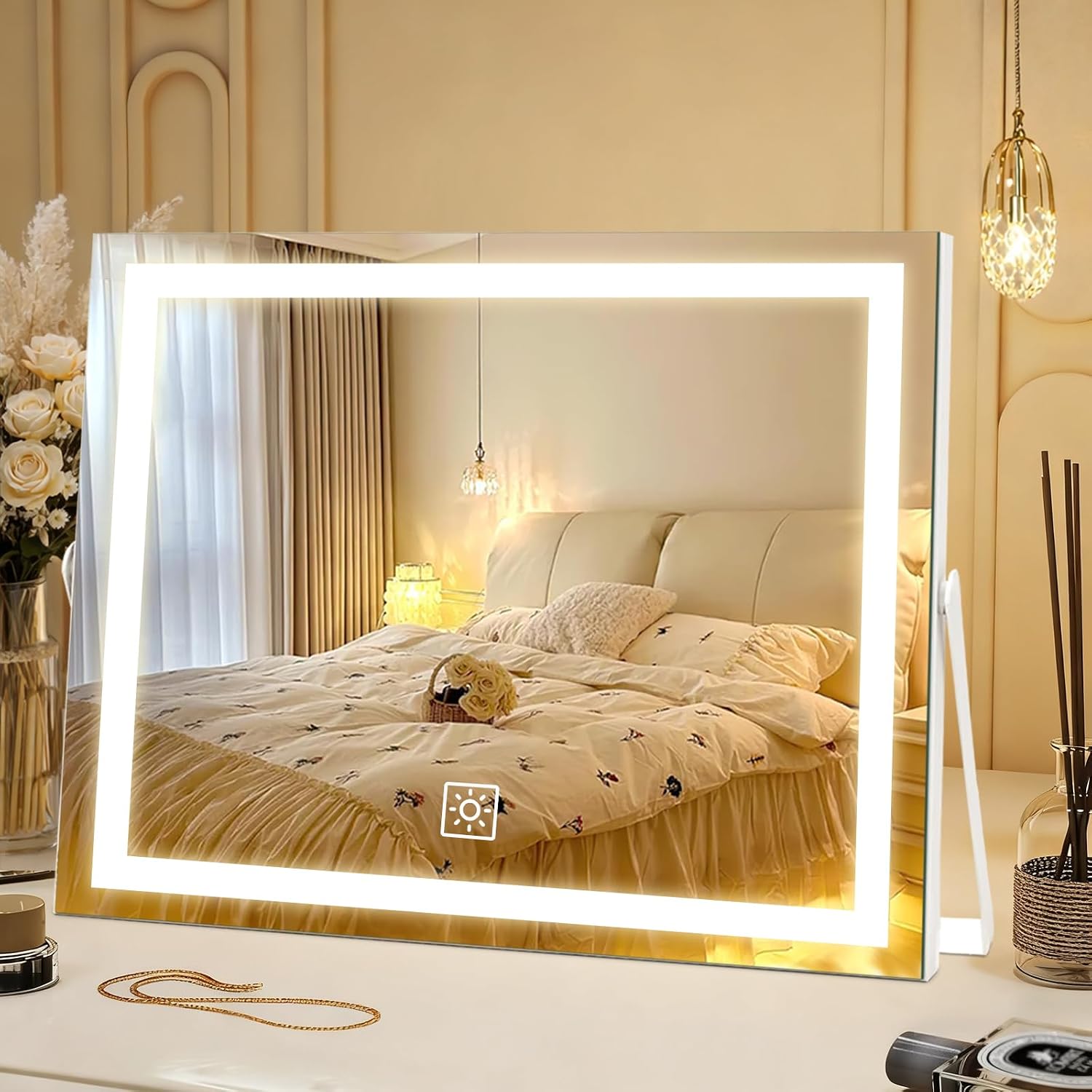 71AHexZcZWL._AC_SL1500_.jpg Gold 32 x 38 cm LED Makeup Mirror, 3-Colour Touch Dimming - Image 1