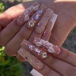 Coffin Press on Nails Long White French Glue on With Glitter Rhinestone Flower Design Ballerina False 24Pcs Shiny Acrylic for Women and Girls