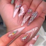 Press On Nails Almond Fake Nails Press Ons Stiletto False Nails Flower Rhinestone Acrylic Nails Glitter Bling Glue On Nails For Women 24pcs (Nude Almond Long)