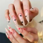 24Pcs Valentines Press on Nails Long Almond Fake Nails Black Red Heart with Rhinestones Design False Nails Romantic Peach Heart Full Cover Glue on Nail Stick on Nails Acrylic Nail for Women DIY Kit