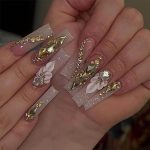 Press on Nails Long Square Acrylic False Nails Glitter Full Cover Fake Nails with Rhinestones Flower Designs Nails Press Ons for Prom/Party/Holiday - Gift for Women