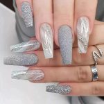 Press on Nails - Long Coffin Glue on Nails with Gray Ombre, Acrylic Bling Glitter Design 24 pcs