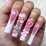 Press on Nails Long Coffin Shaped Glossy Full Cover Acrylic Long Length French False Nails with Designs Artificial Long Square Fake Nails with Charms Glue ons Fingernails for Women()
