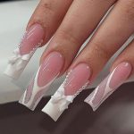French Tip Press on Nails Long Square Fake Nails Glossy Coffin False Nails with Bow Rhinestone Glitter White French Tip with Pearl Designs Reusable Acrylic Nails for Women Girls Manicure 24Pcs