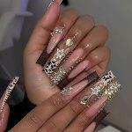 Long Square Press on Nails with Rhinestone French Tip Design for Women, Elegant Brown Press ons, Easy To apply with Glue, Perfect for a Hot Girl Look
