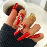 Red Coffin Press on Nails Long Fake Nails with Rhinestones Design Full Cover Luxury Bridal Wedding False Nail Kit Stick on Nails for Women 24Pcs