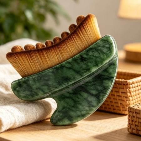 Dual-Ended Dry Brush & Jade Gua Sha Massage Tool for De-puffing