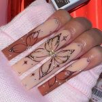 Press on Nails Long Square Fake Nails Brown Fall Glue on Butterfly Design Rhinestone Shiny  24Pcs Squoval Manicure French Tip Acrylic False Nails for Women and Girls