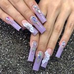 Press on Nails Long Coffin Purple Glossy Full Cover Acrylic Extra Long Square Rhinestone False Nails with Flower Designs Artificial Ballerina Fake Nails with Glue Stick on Fingernails for Women
