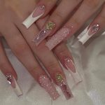Press on Nails - Long Square Glue on Nails with White French Tip, Acrylic Rhinestone Design 24 pcs