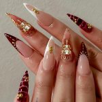 Almond Press on Nails Long Fake Nails French Red Artificial Nail with Rhinestones Designs Gold Charm Stick on Nail for Women 24pcs