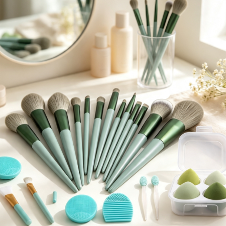 22-Piece Green-Themed Face And Eye Makeup Brush Set