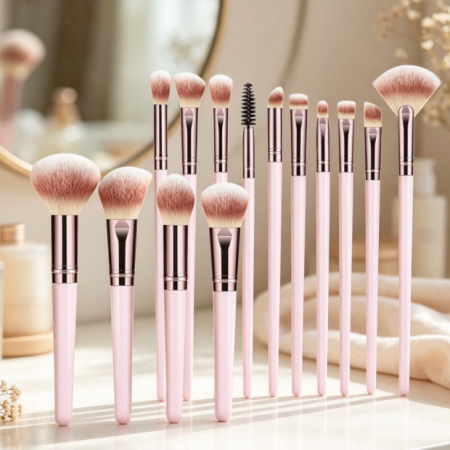 14-Piece Pink Travel Makeup Brush Set With Single-Handle Design